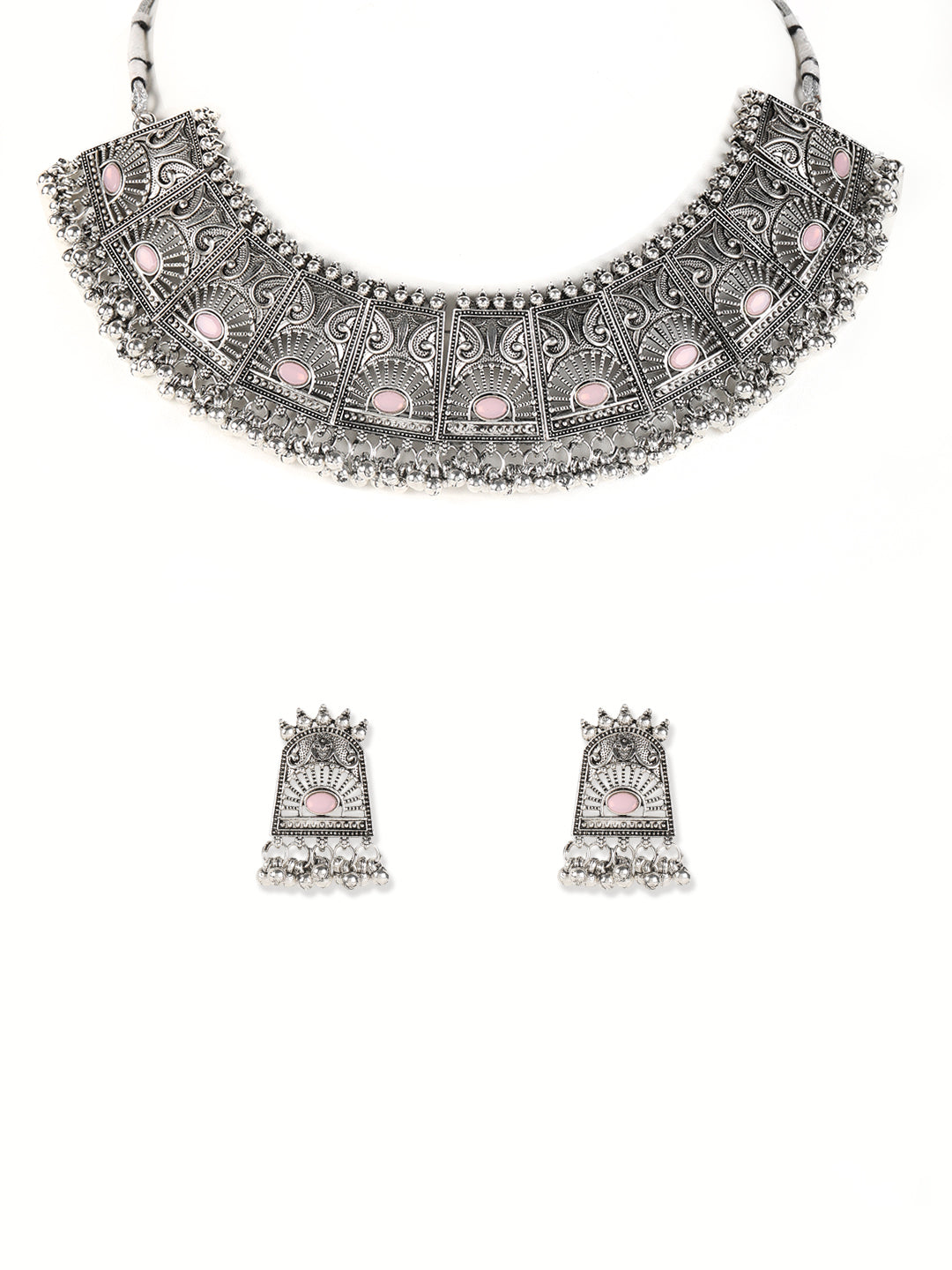 Pink Stones Studded OxidisedSilver Plated Jewellery Set - Jazzandsizzle