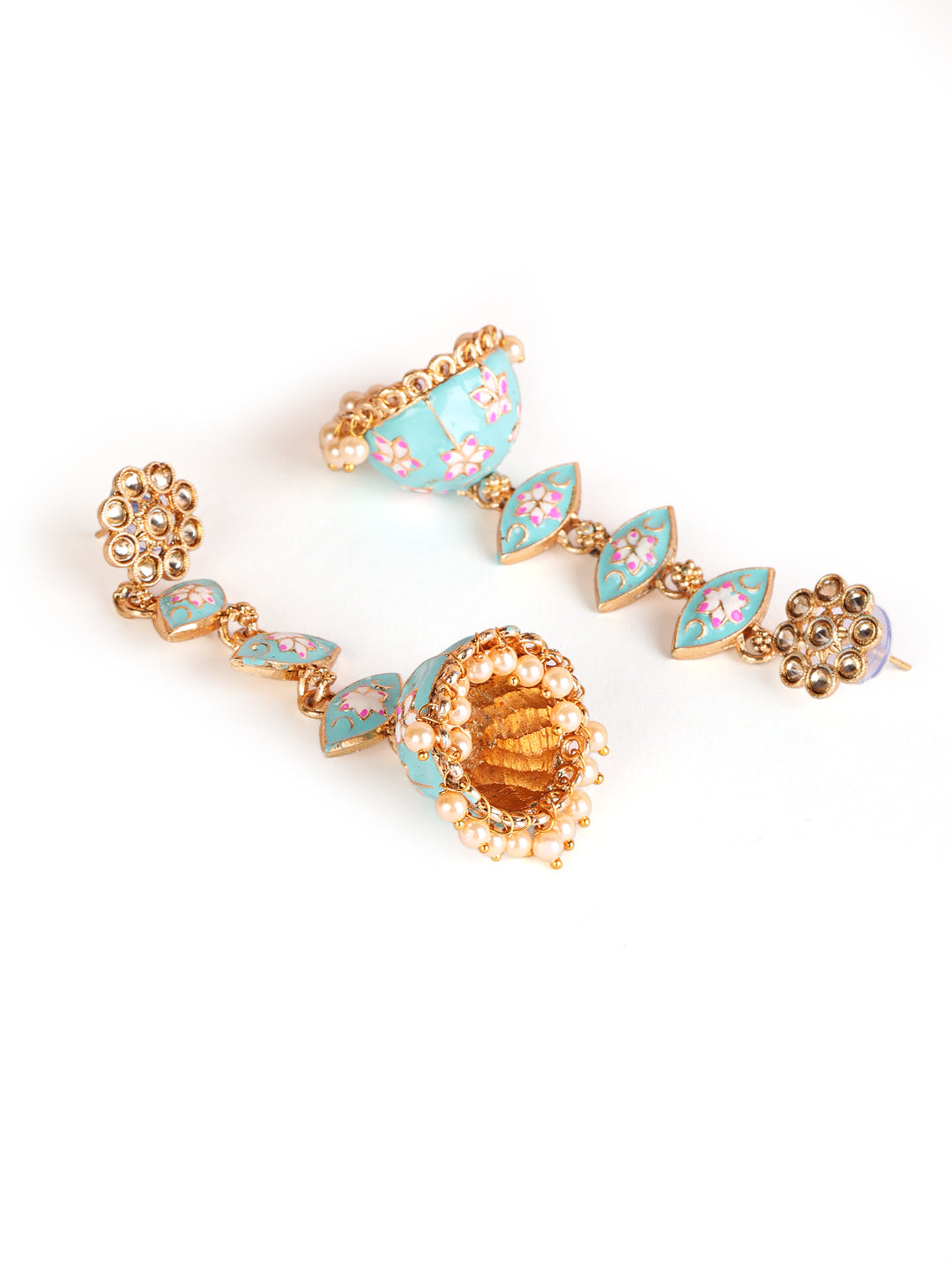 Green & Meenakari Enamel Pink Floral Long Jhumka Earrings - Jazzandsizzle