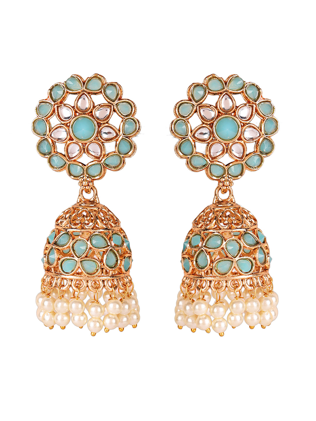 Flora Shaped Gold-Plated Stone Studded & Beaded Jhumka Earrings - Jazzandsizzle