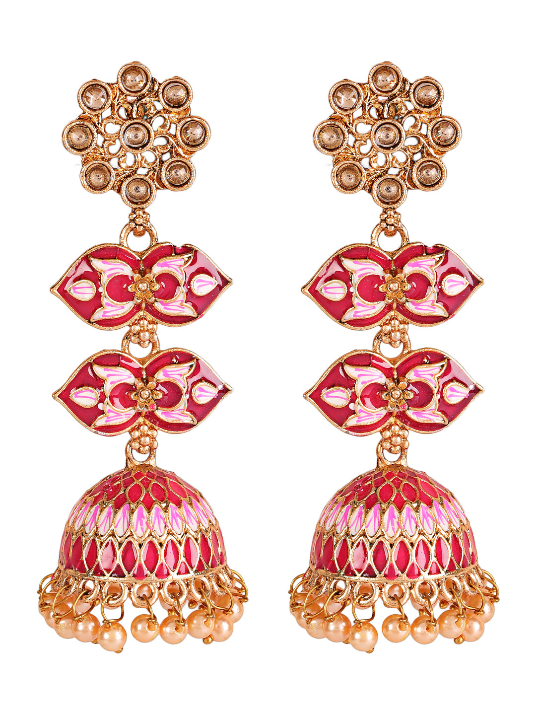Gold Plated Floral Shaped Dome Pink & White Minakari Drop Earrings - Jazzandsizzle
