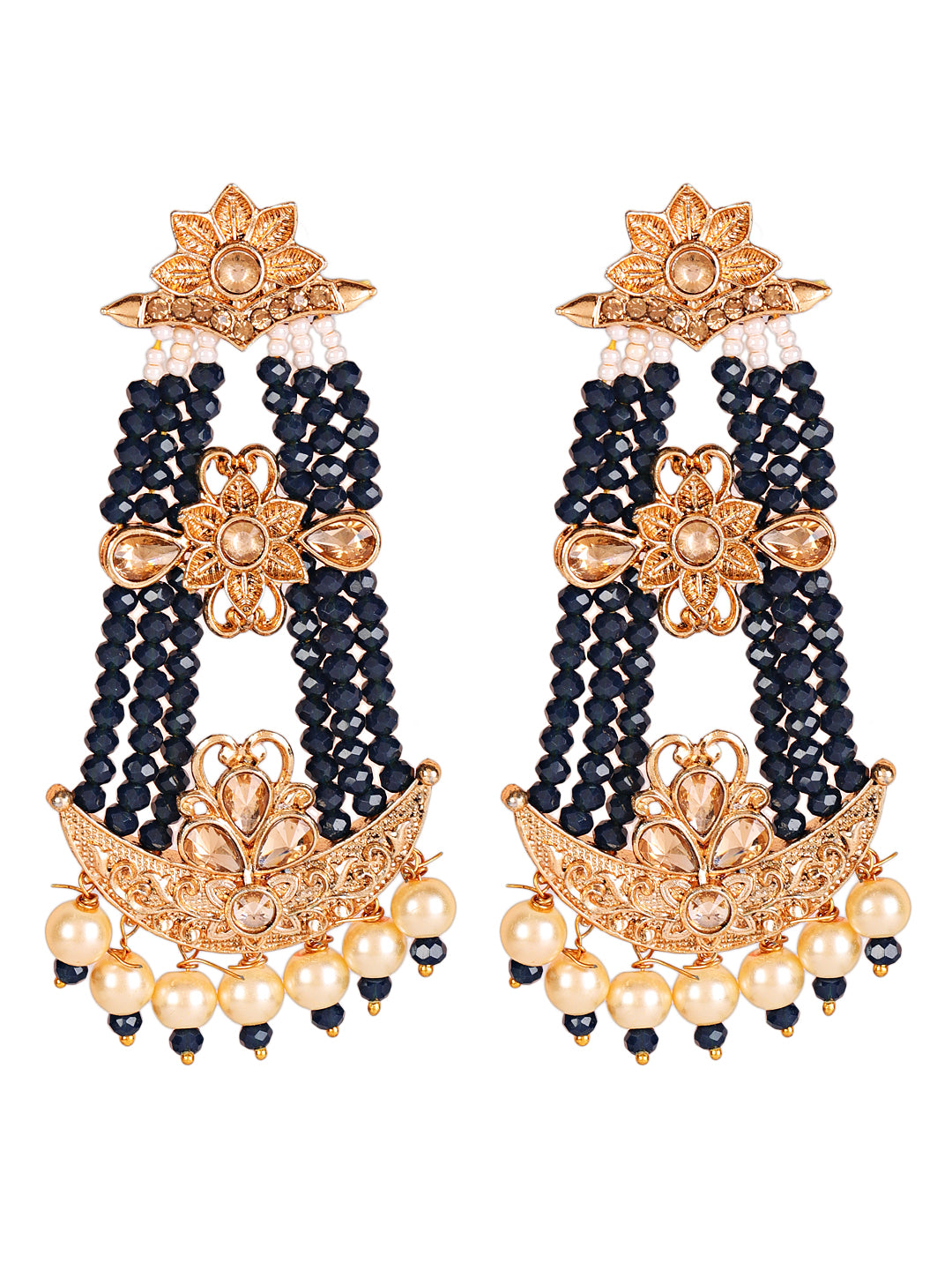 Black & Gold-Plated Handcrafted Kundan Pearl Studded Multistrand Earrings - Jazzandsizzle