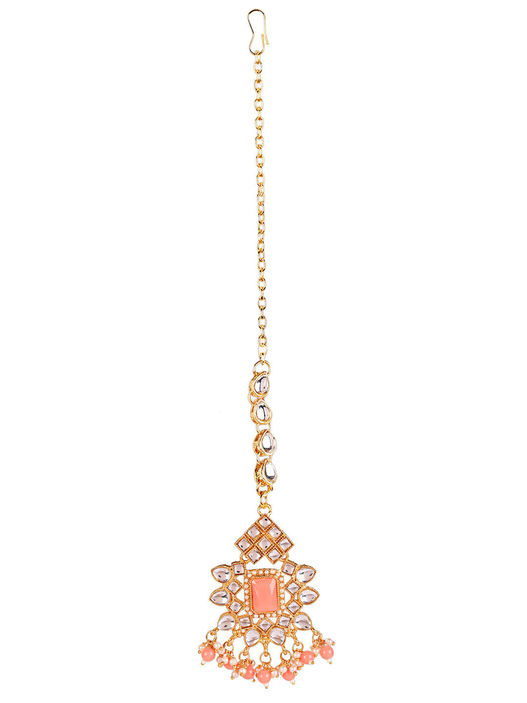 Pink Gold-Plated Kundan Beaded Necklace Set with Maangtika - Jazzandsizzle