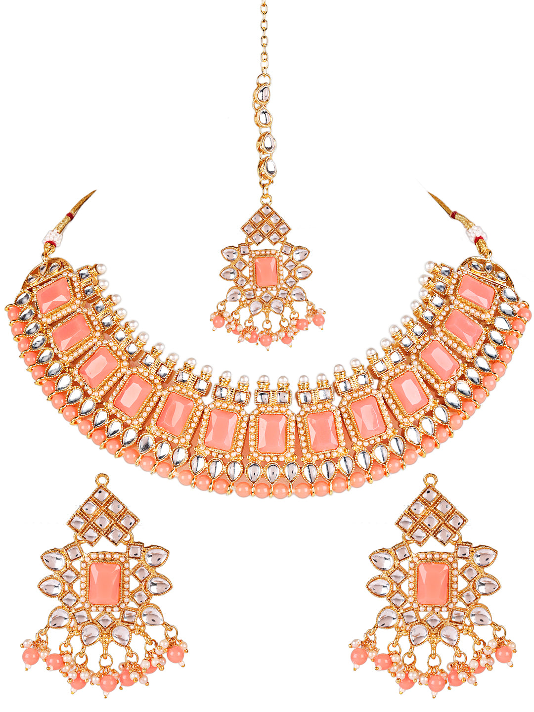 Pink Gold-Plated Kundan Beaded Necklace Set with Maangtika - Jazzandsizzle