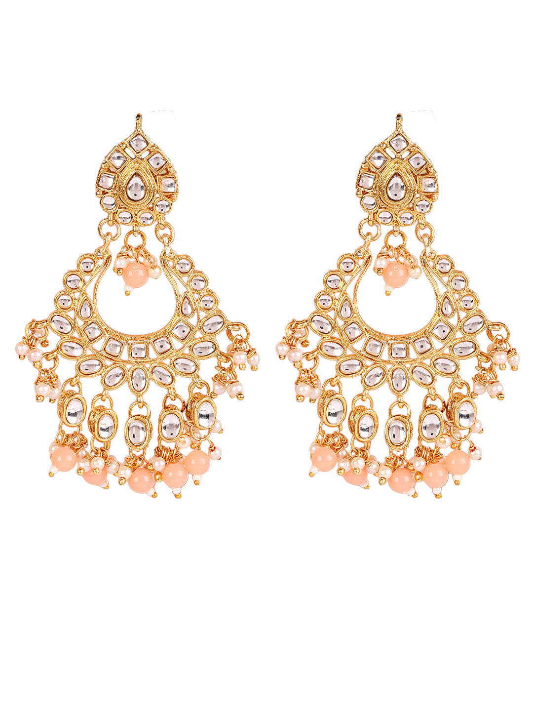 Peach & White Gold-Plated Kundan Studded & Beaded Handcrafted Jewellery Set - Jazzandsizzle