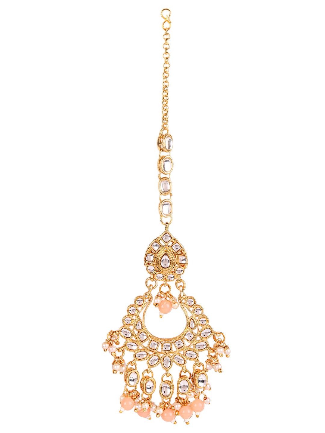 Peach & White Gold-Plated Kundan Studded & Beaded Handcrafted Jewellery Set - Jazzandsizzle