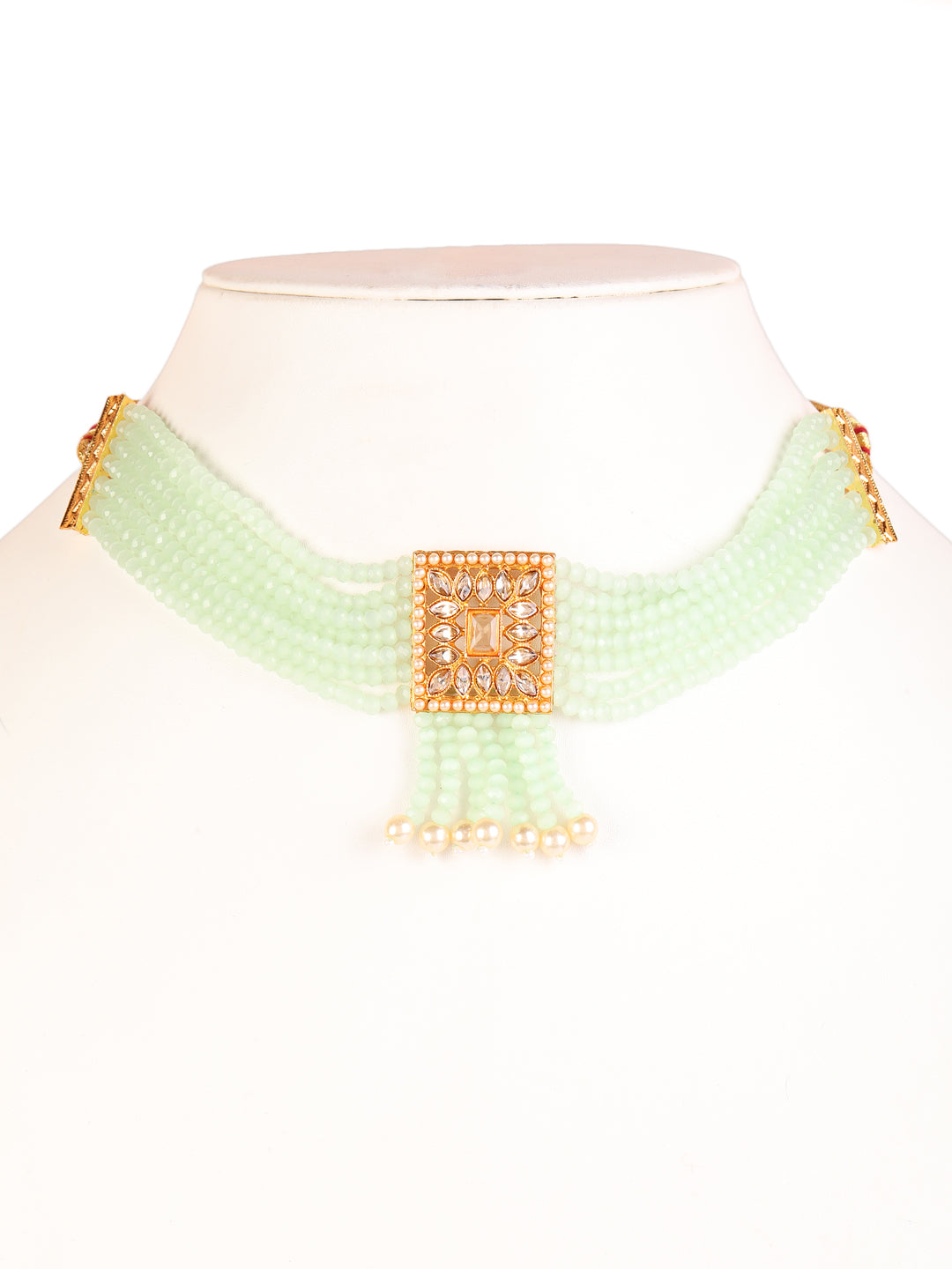 Gold-Plated & Pastel Green Kundan Crystal Beads Jewellery Set - Jazzandsizzle