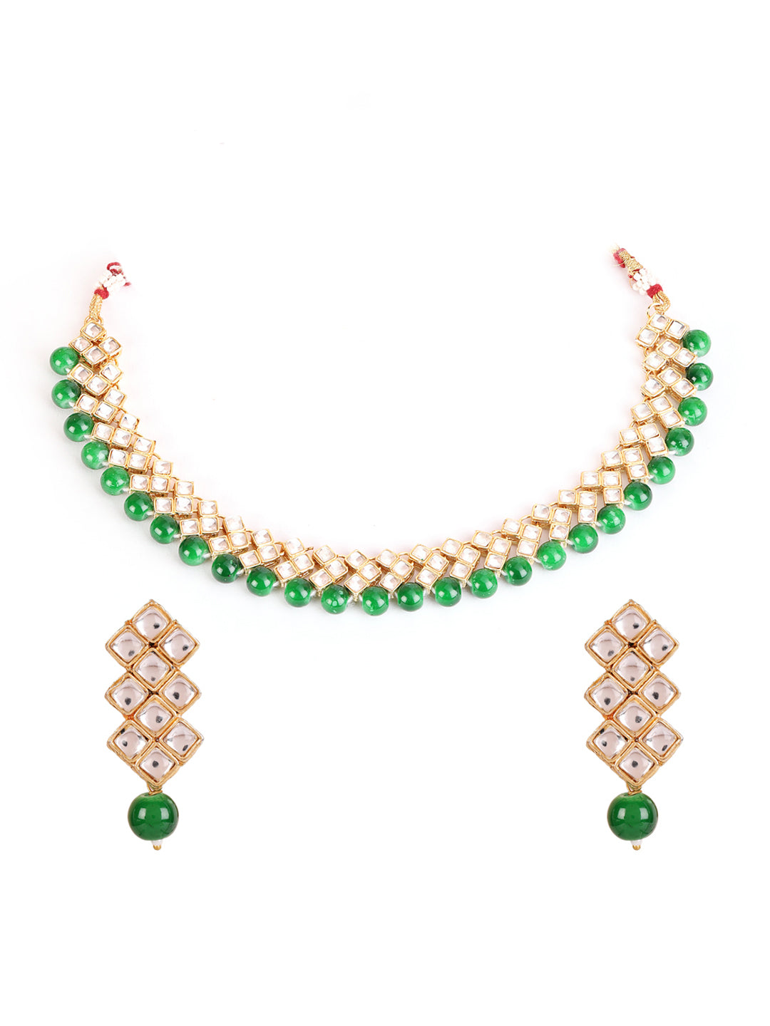 Gold Toned Kundan & Green Beads Jewellery Set - Jazzandsizzle