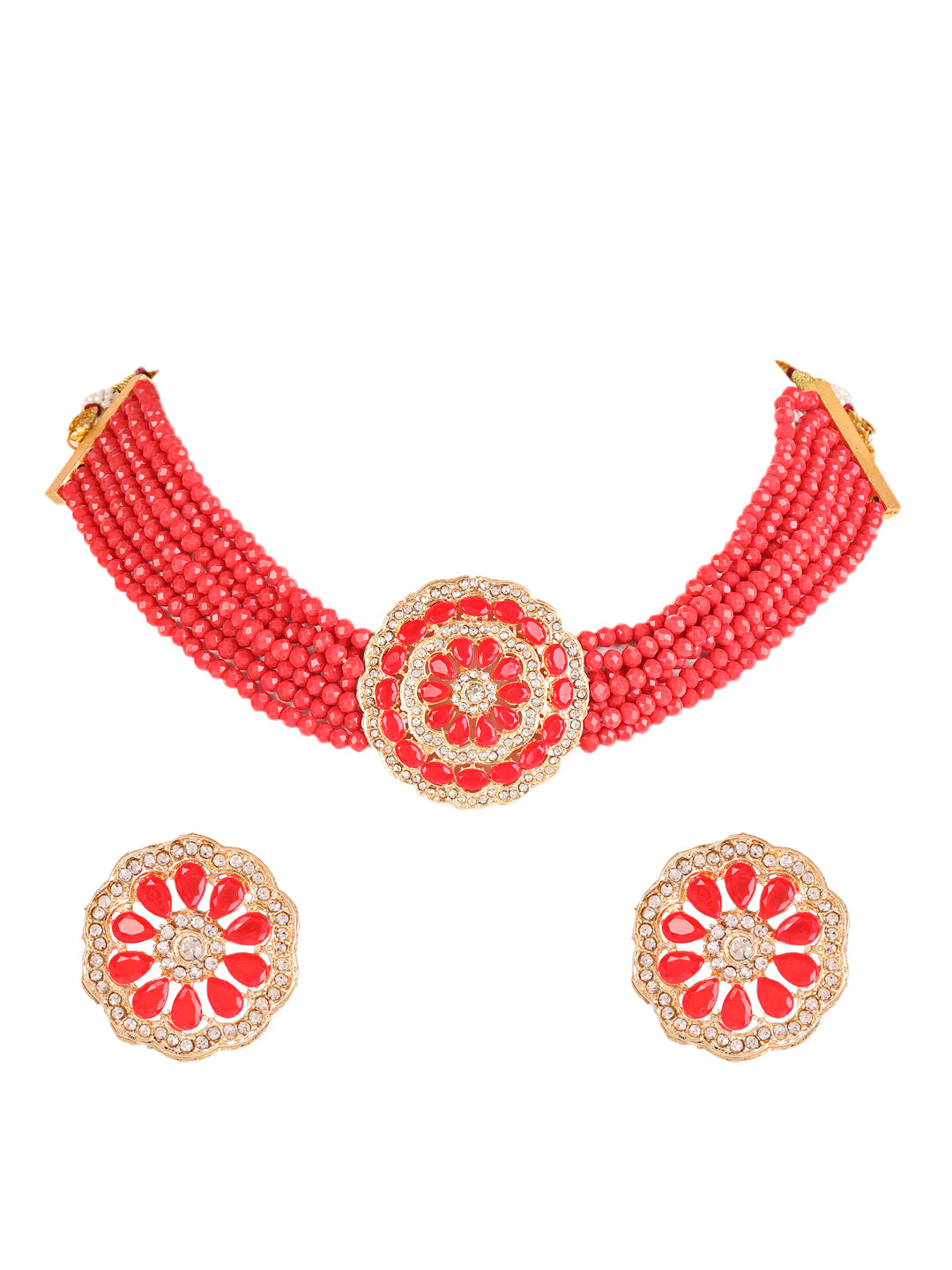 Women Red & White Kundan-Studded & Beaded Handcrafted Jewellery Set - Jazzandsizzle