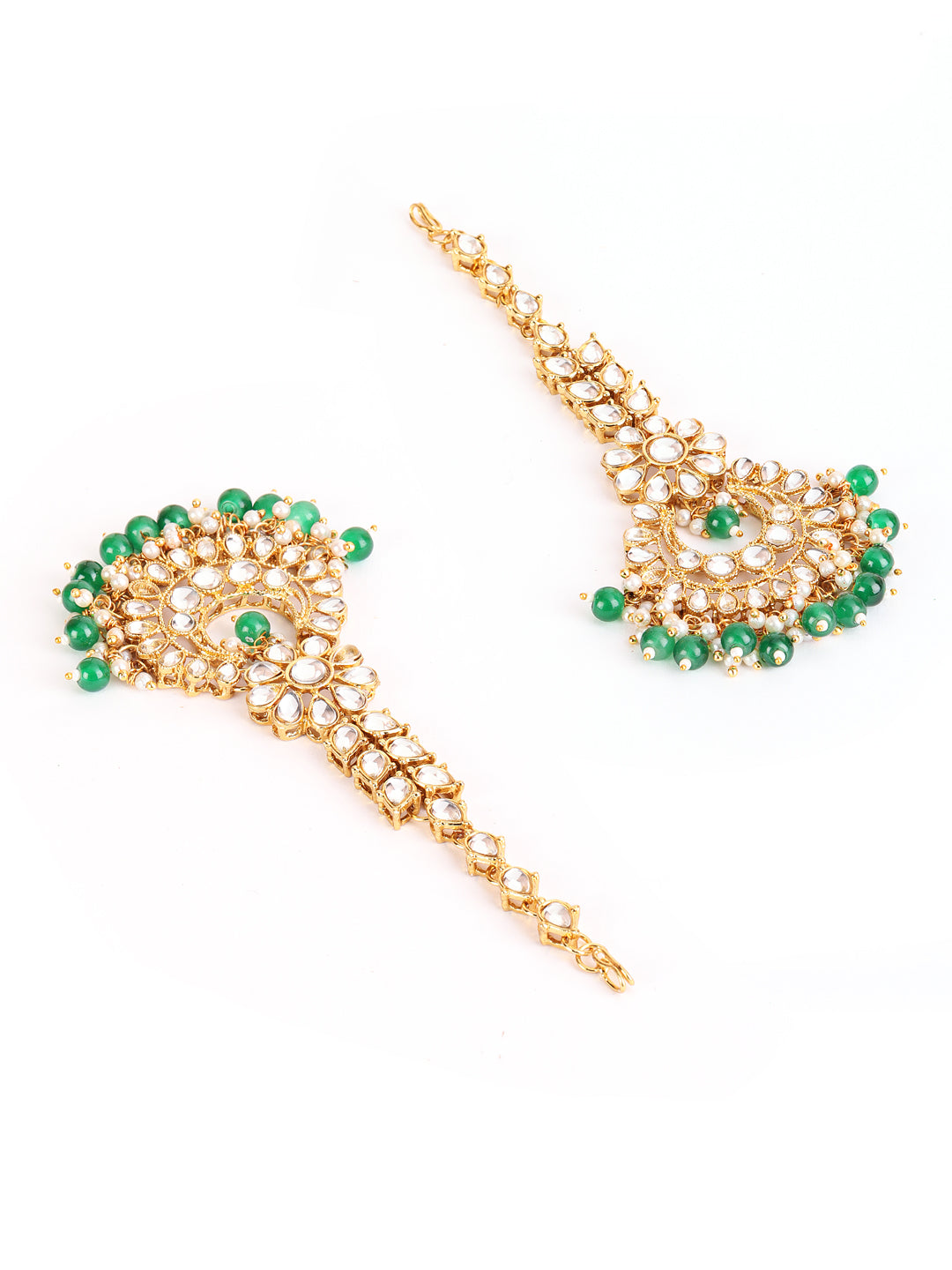 Gold-Toned Green & White Kundan stone studded & Pearls Traditional Maangtikka - Jazzandsizzle