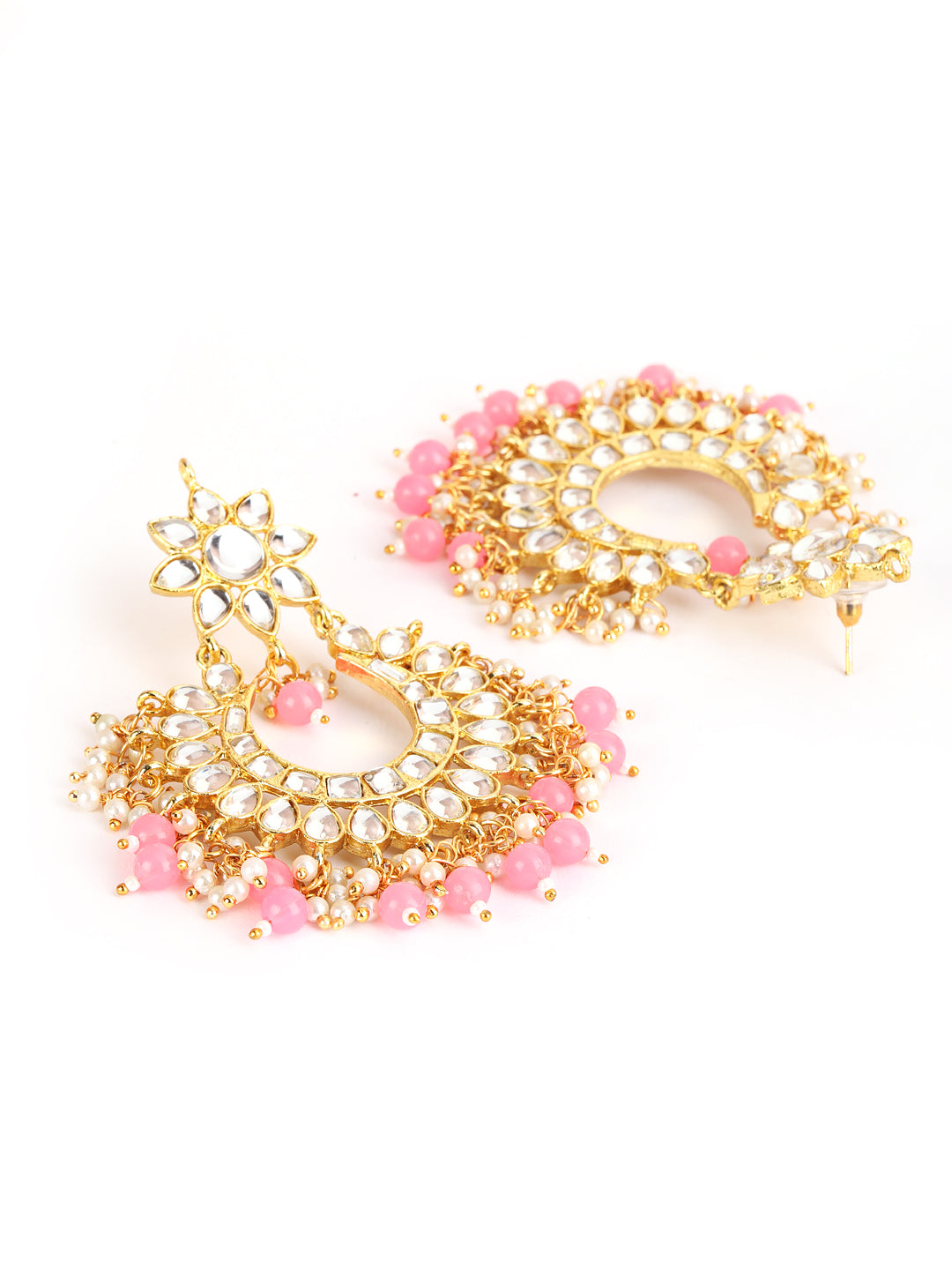 Gold-Toned white Kundan studded & Pink Pearls Maangtikka & Earring Set - Jazzandsizzle