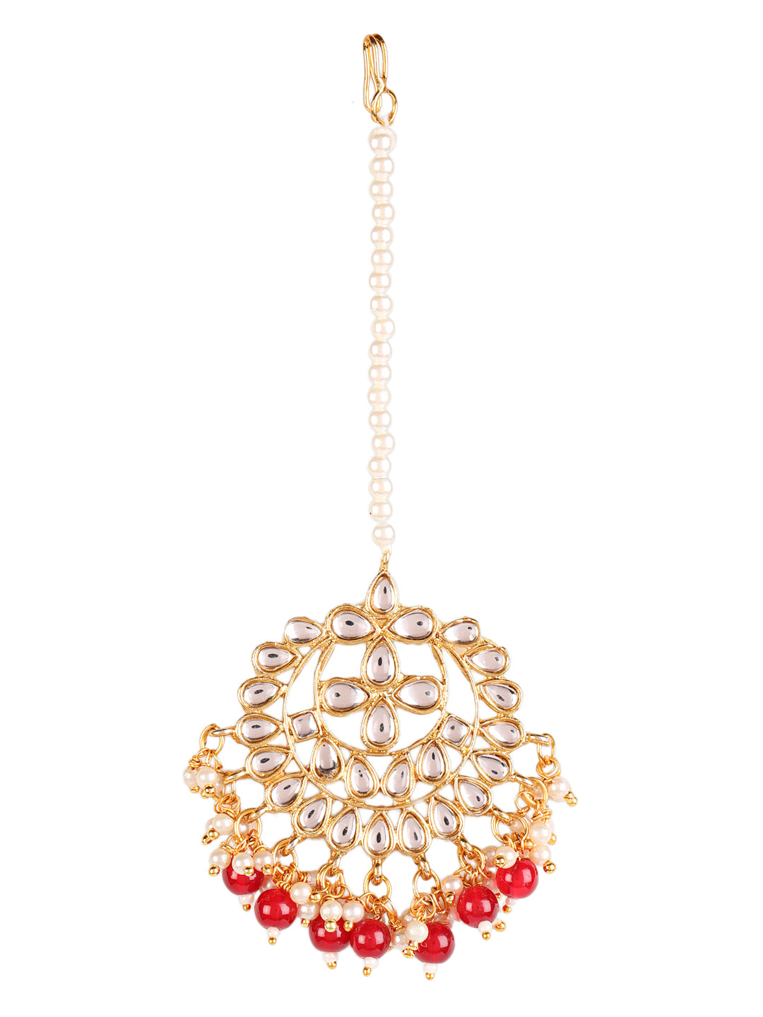 Gold-Toned Mahroon & White Kundan stone studded & Pearls Maangtikka & Earring Set - Jazzandsizzle