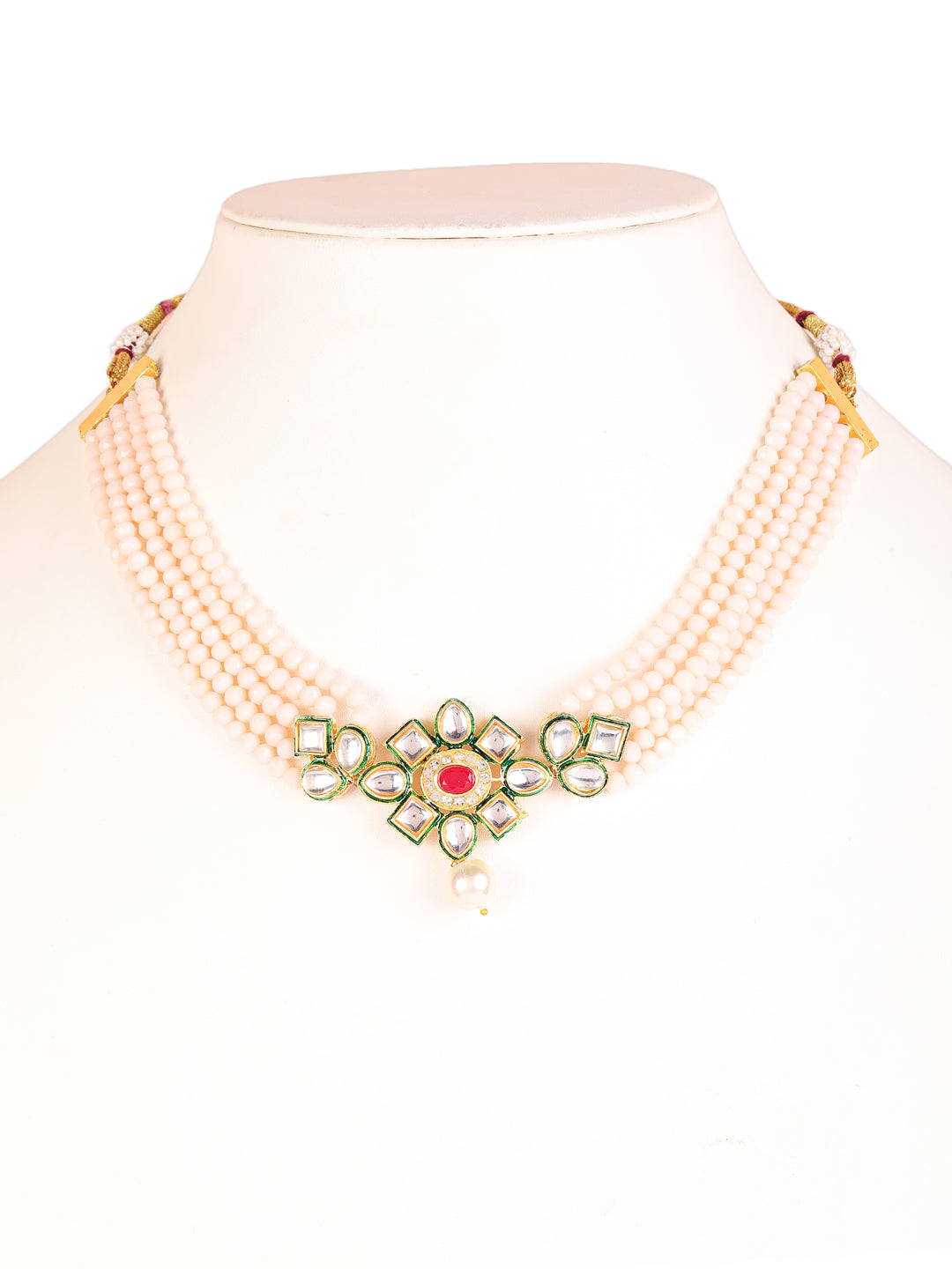Gold-Plated PeachPink & Green Kundan-Studded & Beaded Handcrafted Jewellery Set - Jazzandsizzle