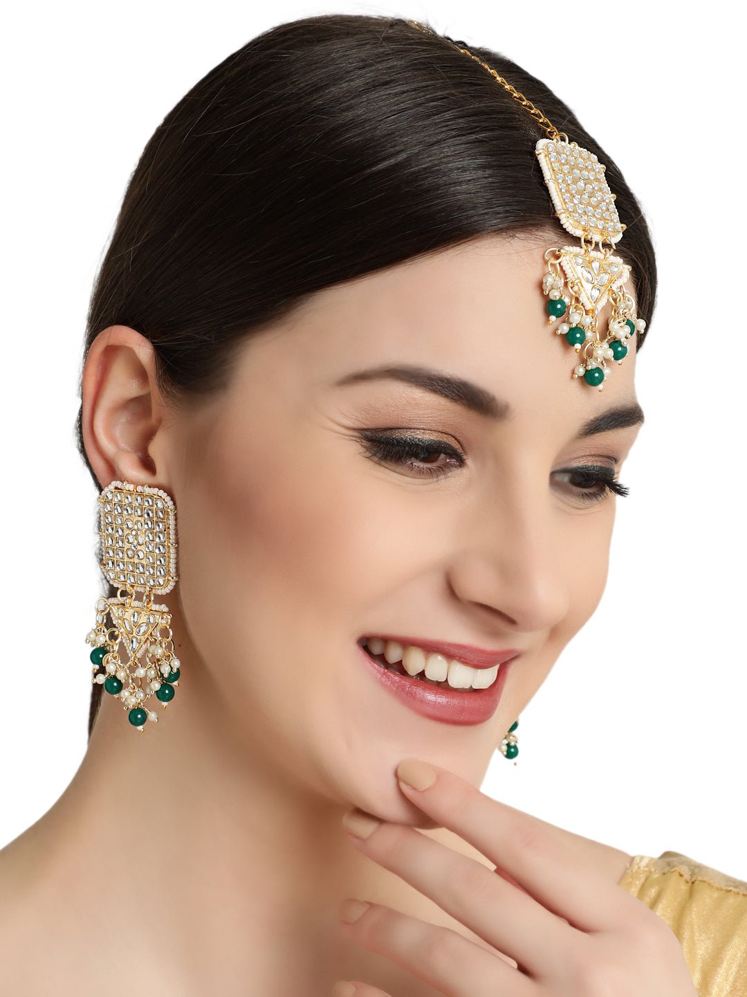 Gold-Toned Green & White Kundan stone studded & Pearls Beaded Traditional Maangtikka & Earrings Set - Jazzandsizzle