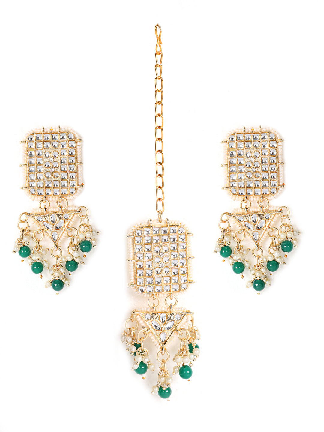 Gold-Toned Green & White Kundan stone studded & Pearls Beaded Traditional Maangtikka & Earrings Set - Jazzandsizzle