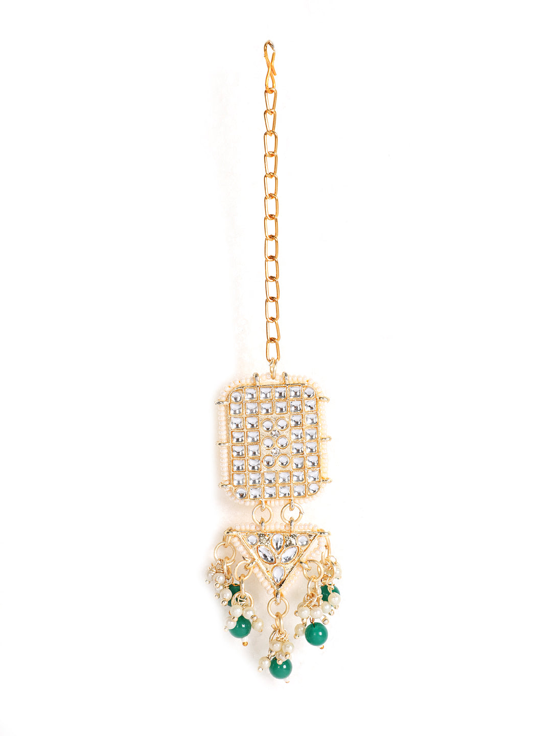 Gold-Toned Green & White Kundan stone studded & Pearls Beaded Traditional Maangtikka & Earrings Set - Jazzandsizzle