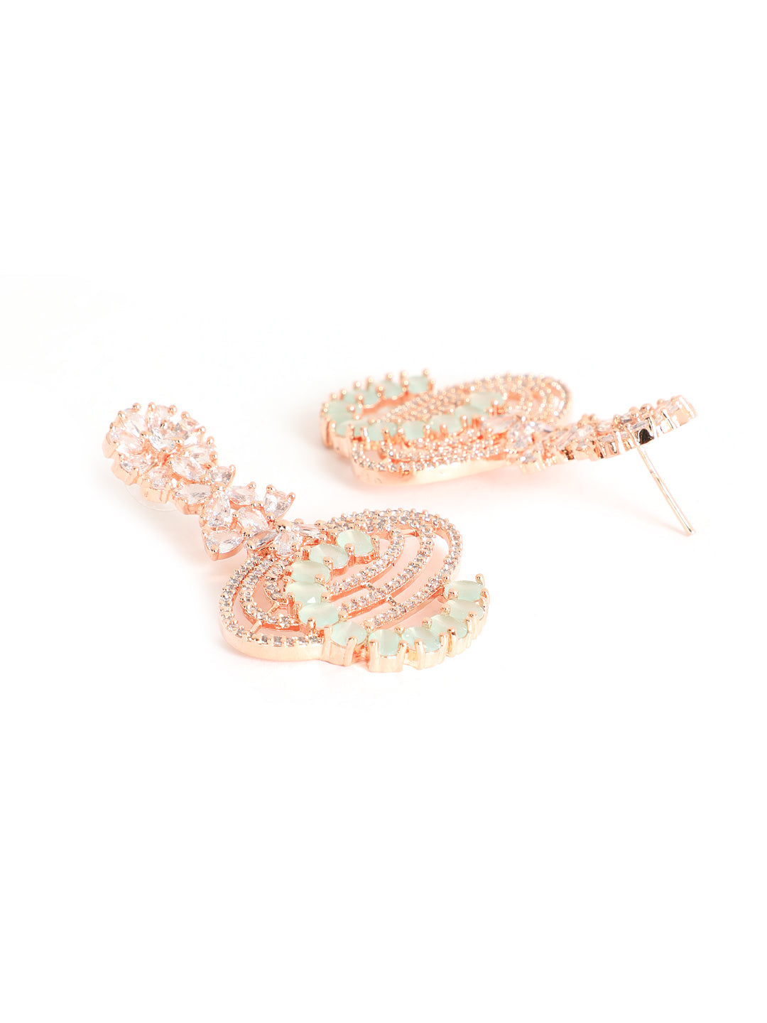 Mint Green & Rose Gold-Plated American Diamond Crescent Shaped Drop Earrings - Jazzandsizzle