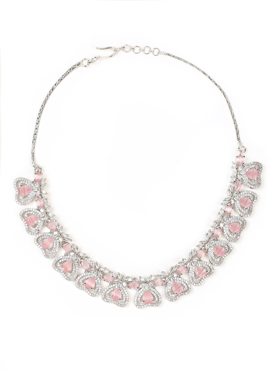 Silver-Plated Crystal Studded Pink American Diamond Handcrafted Necklace Set - Jazzandsizzle