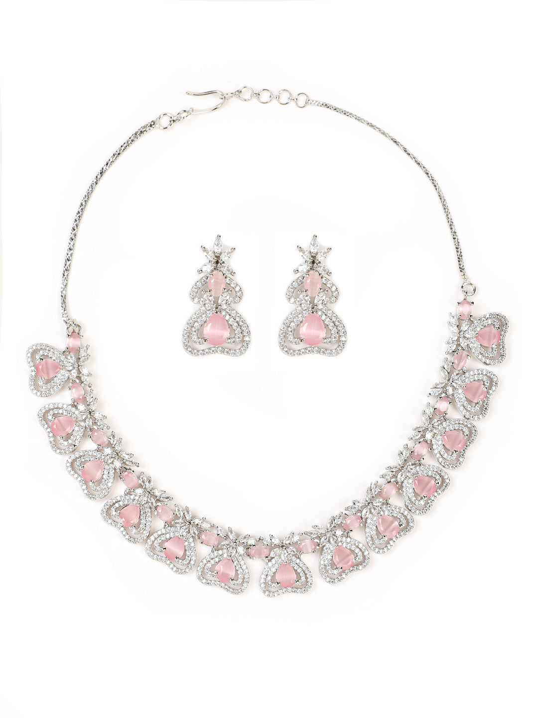 Silver-Plated Crystal Studded Pink American Diamond Handcrafted Necklace Set - Jazzandsizzle