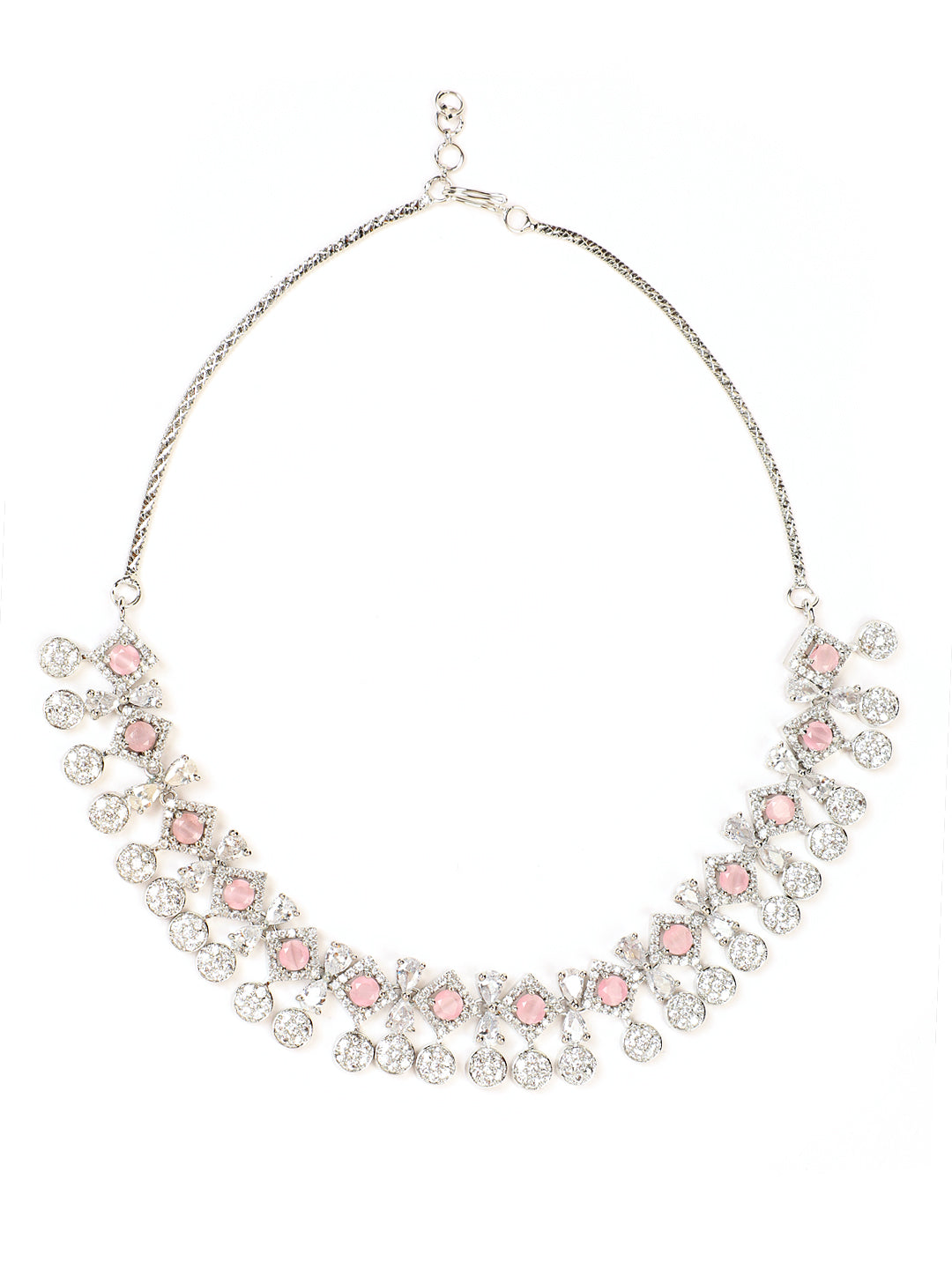Silver Plated Pink Studded American Diamond Handcrafted Necklace Set - Jazzandsizzle