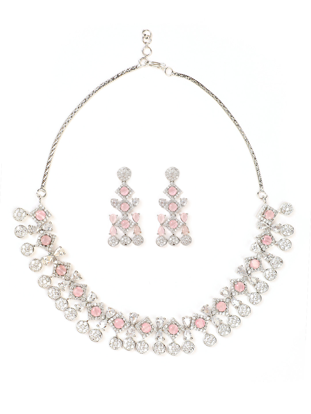 Silver Plated Pink Studded American Diamond Handcrafted Necklace Set - Jazzandsizzle