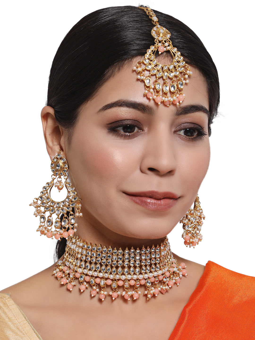 Peach & White Gold-Plated Kundan Studded & Beaded Handcrafted Jewellery Set - Jazzandsizzle