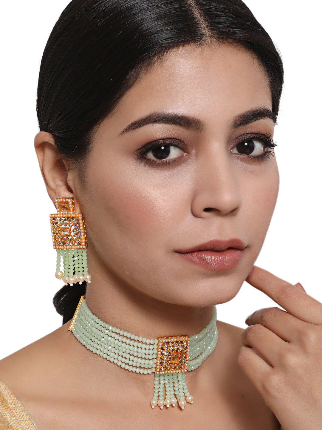 Gold-Plated & Pastel Green Kundan Crystal Beads Jewellery Set - Jazzandsizzle