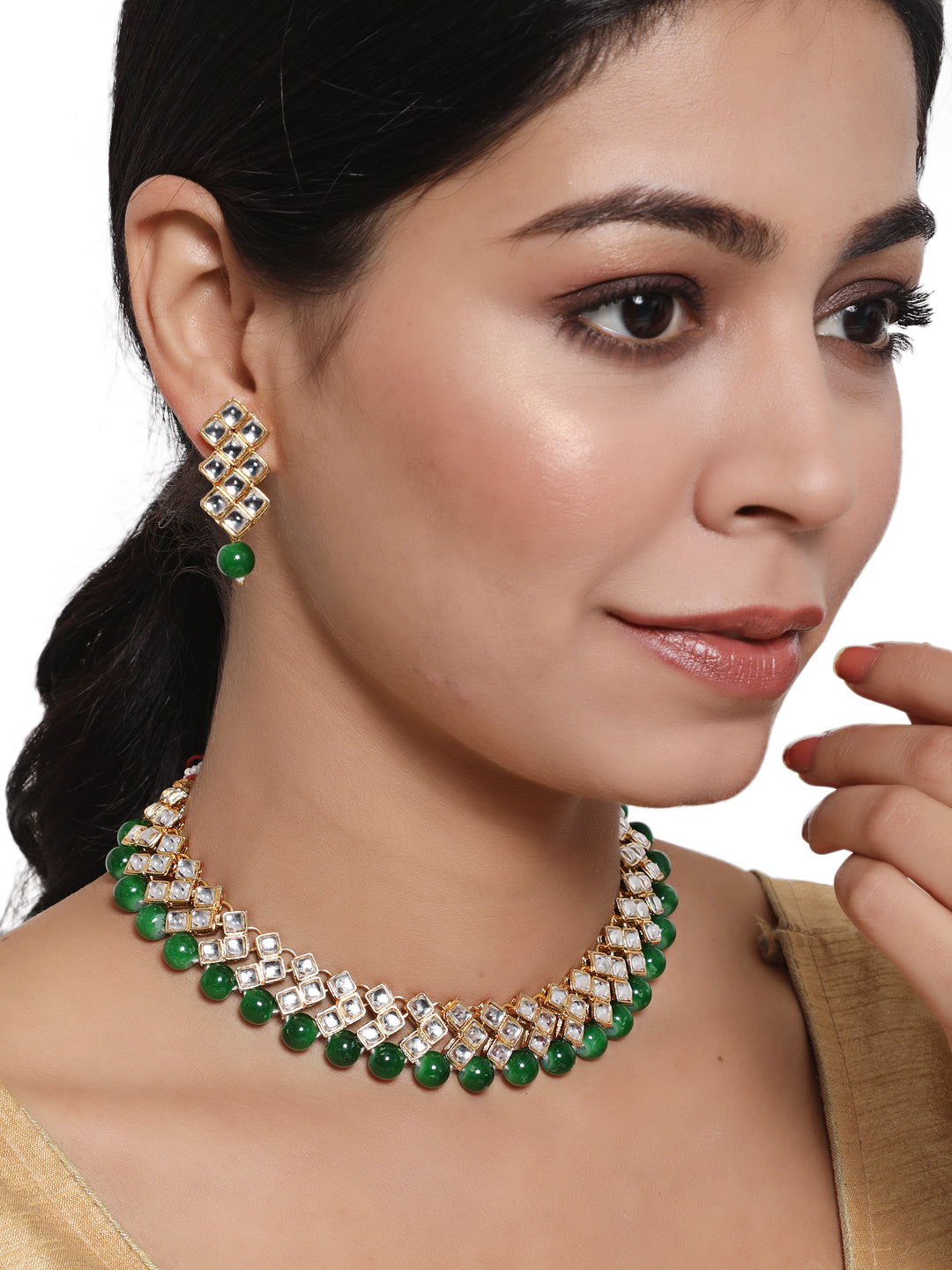 Gold Toned Kundan & Green Beads Jewellery Set - Jazzandsizzle