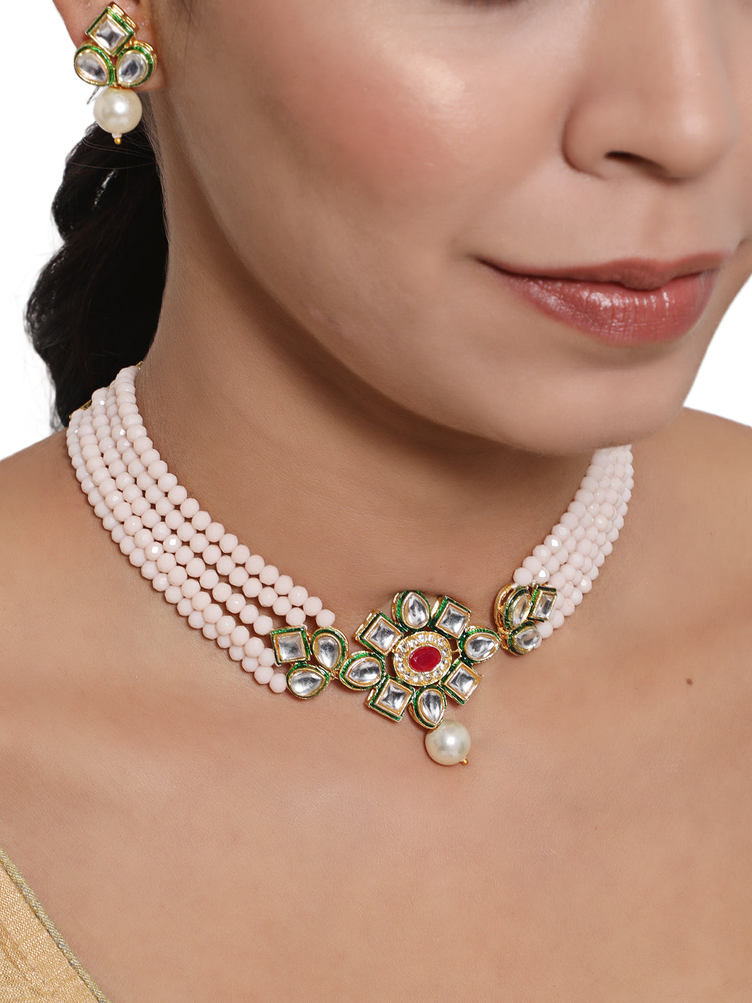 Gold-Plated PeachPink & Green Kundan-Studded & Beaded Handcrafted Jewellery Set - Jazzandsizzle