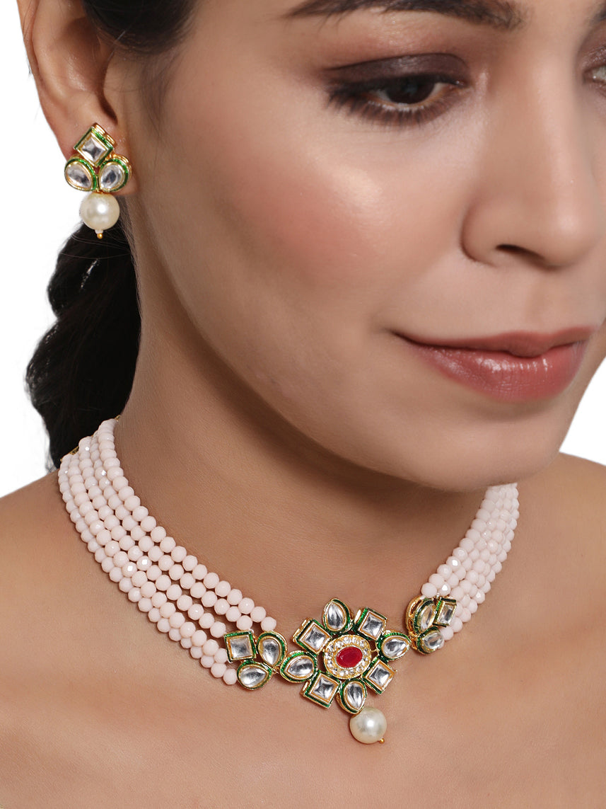 Gold-Plated PeachPink & Green Kundan-Studded & Beaded Handcrafted Jewellery Set - Jazzandsizzle