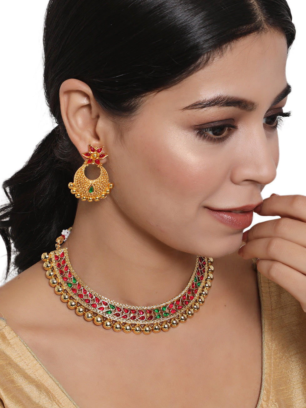 Gold-Plated Red & Green Stone Studded Handcrafted Jewellery Set - Jazzandsizzle