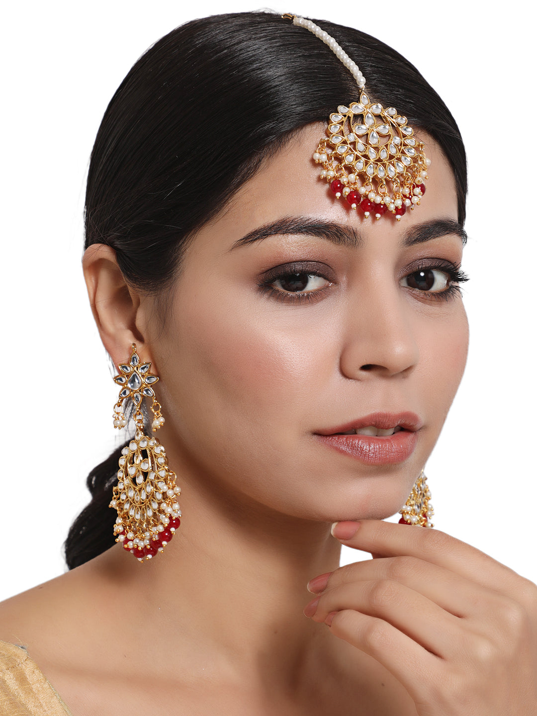Gold-Toned Mahroon & White Kundan stone studded & Pearls Maangtikka & Earring Set - Jazzandsizzle