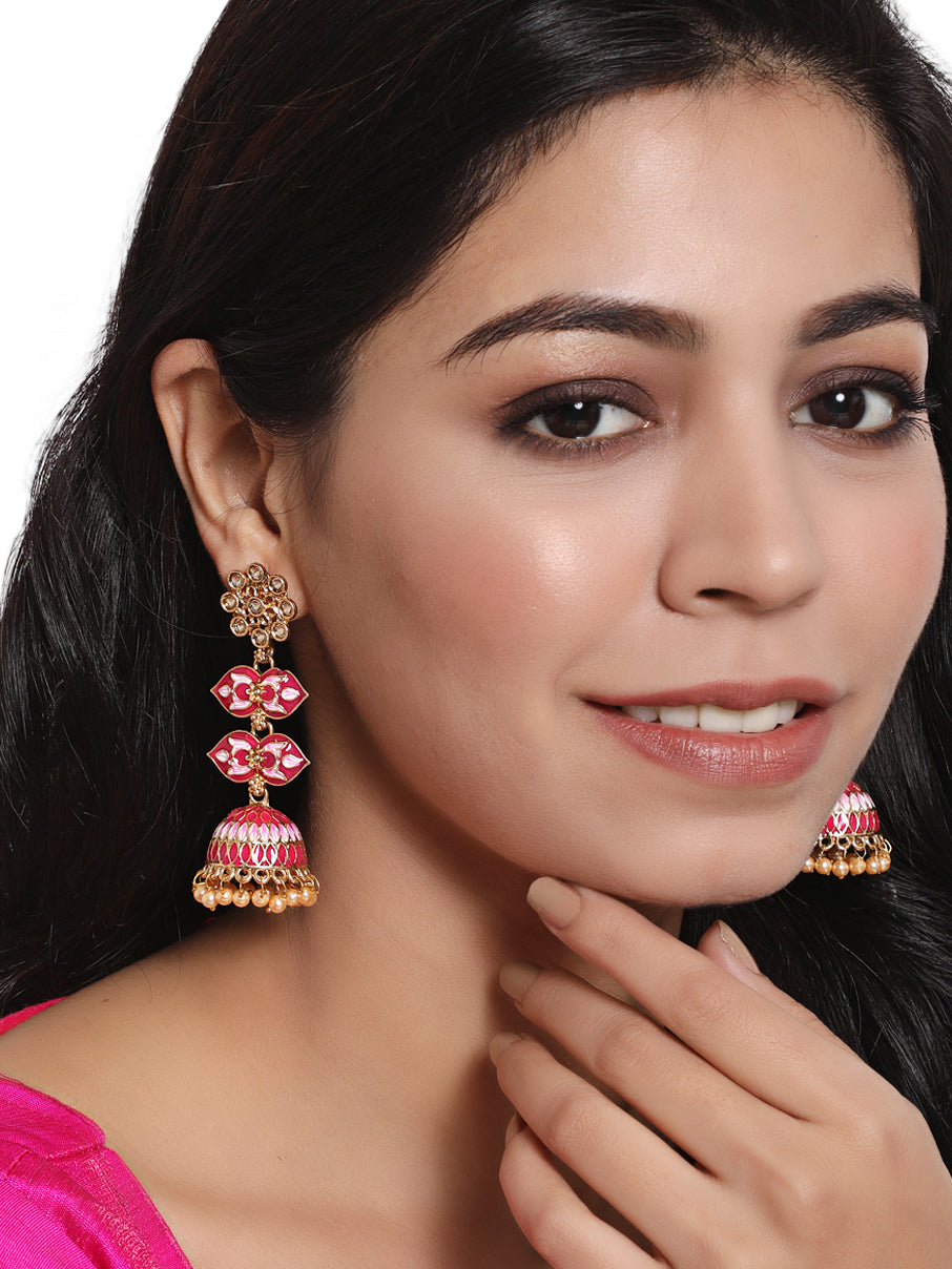 Gold Plated Floral Shaped Dome Pink & White Minakari Drop Earrings - Jazzandsizzle