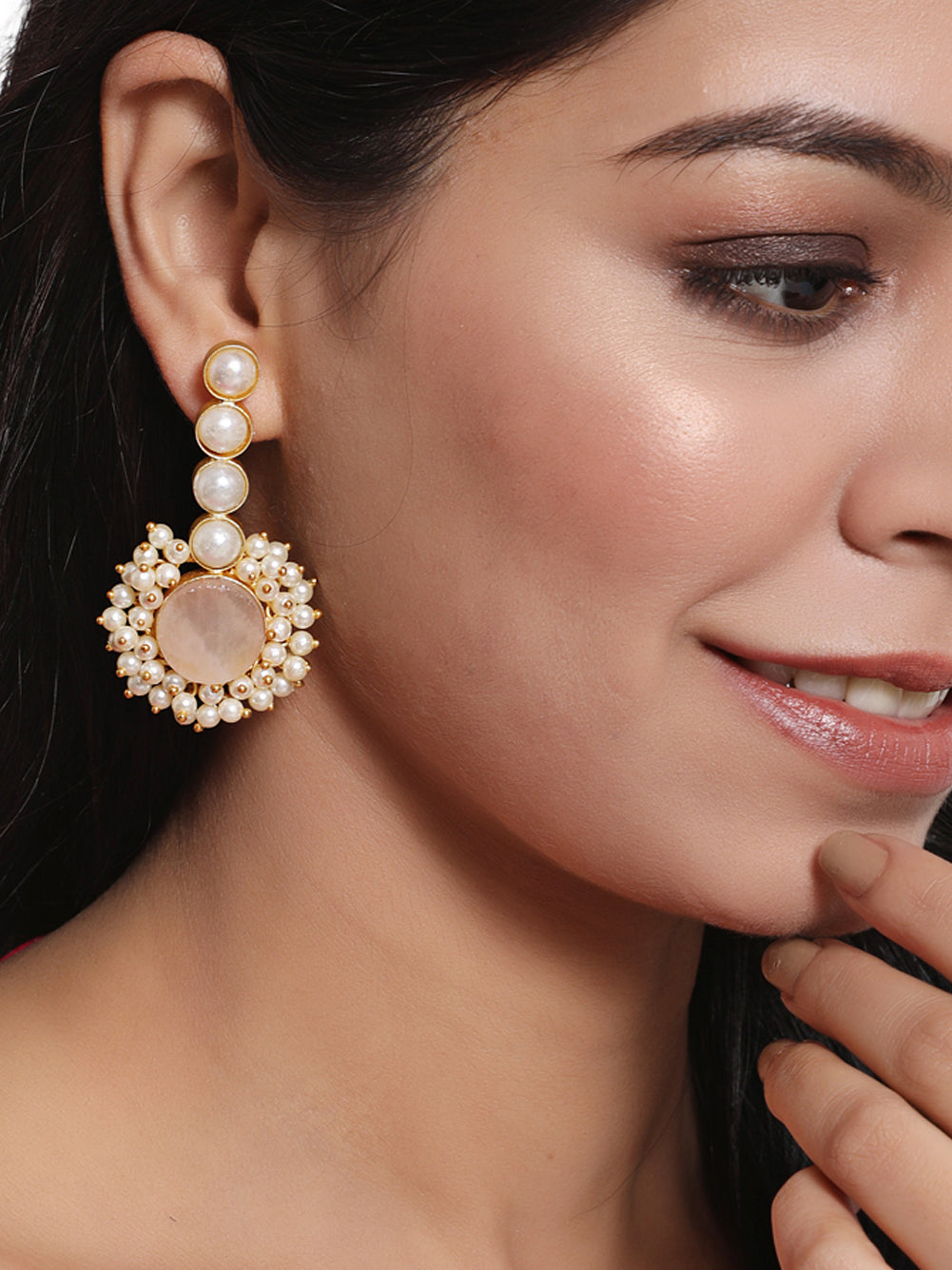 Jazz And Sizzle Gold- Plated Circular Shaped Pearl Beaded Contemporary Drop Earrings - Jazzandsizzle