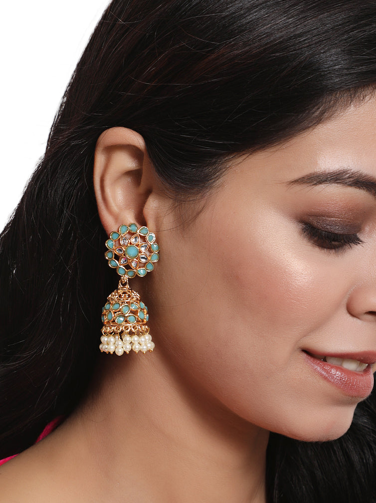 Flora Shaped Gold-Plated Stone Studded & Beaded Jhumka Earrings - Jazzandsizzle
