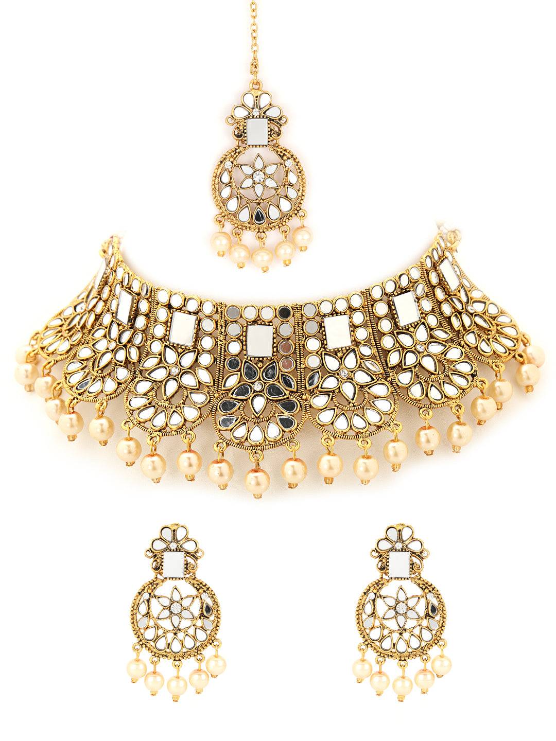 Gold-Plated White Coloured Stone-Studded & Cream Pearl Beaded Handcrafted Jewellery Set - Jazzandsizzle