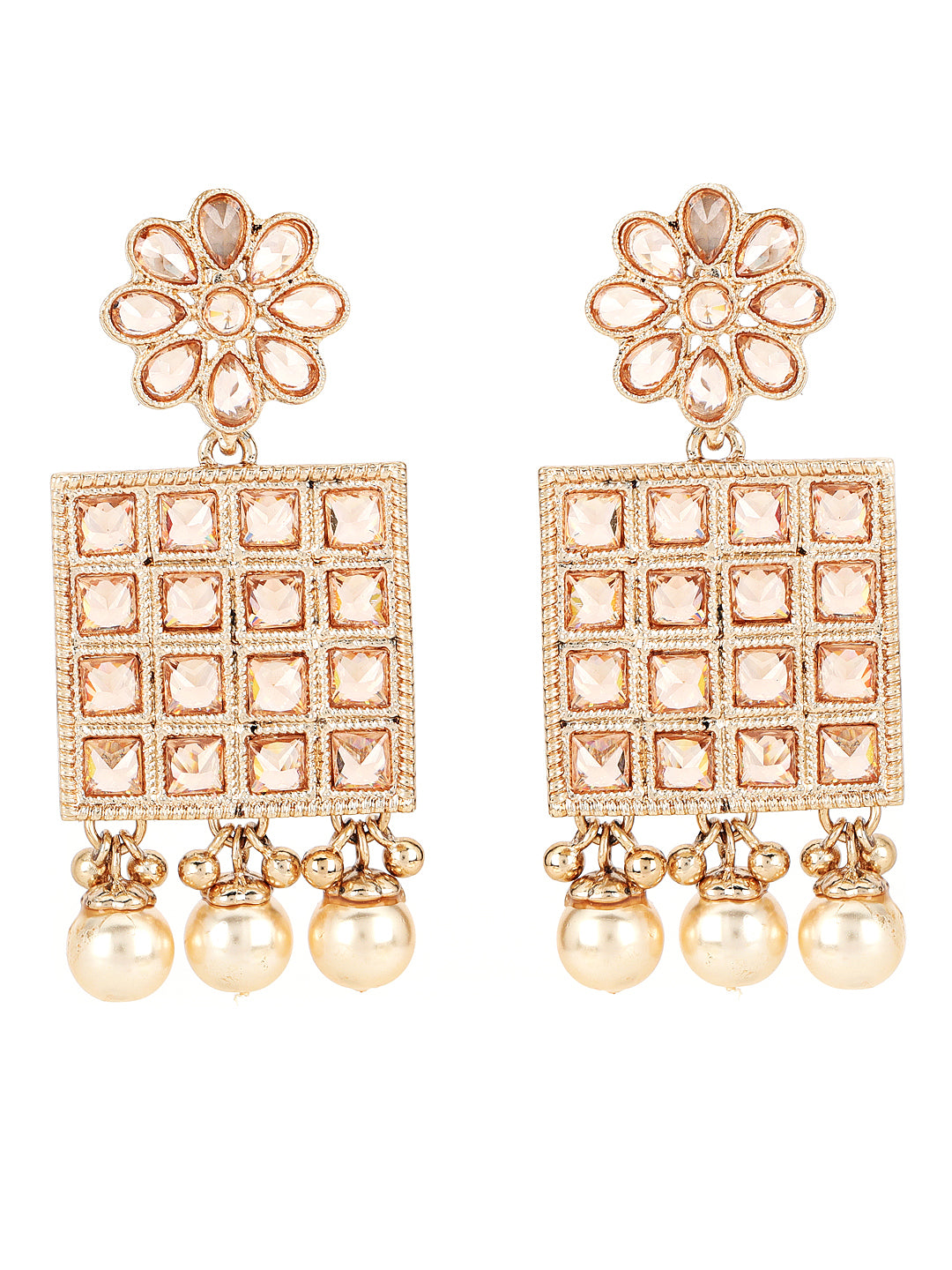 Gold-Plated Kundan Studded Floral Pattern& Square Drop Earrings - Jazzandsizzle