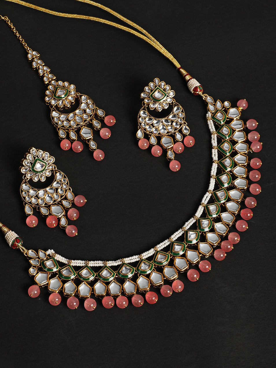 Gold-Plated Pink & White Kundan-Studded Beaded Handcrafted Jewellery - Jazzandsizzle