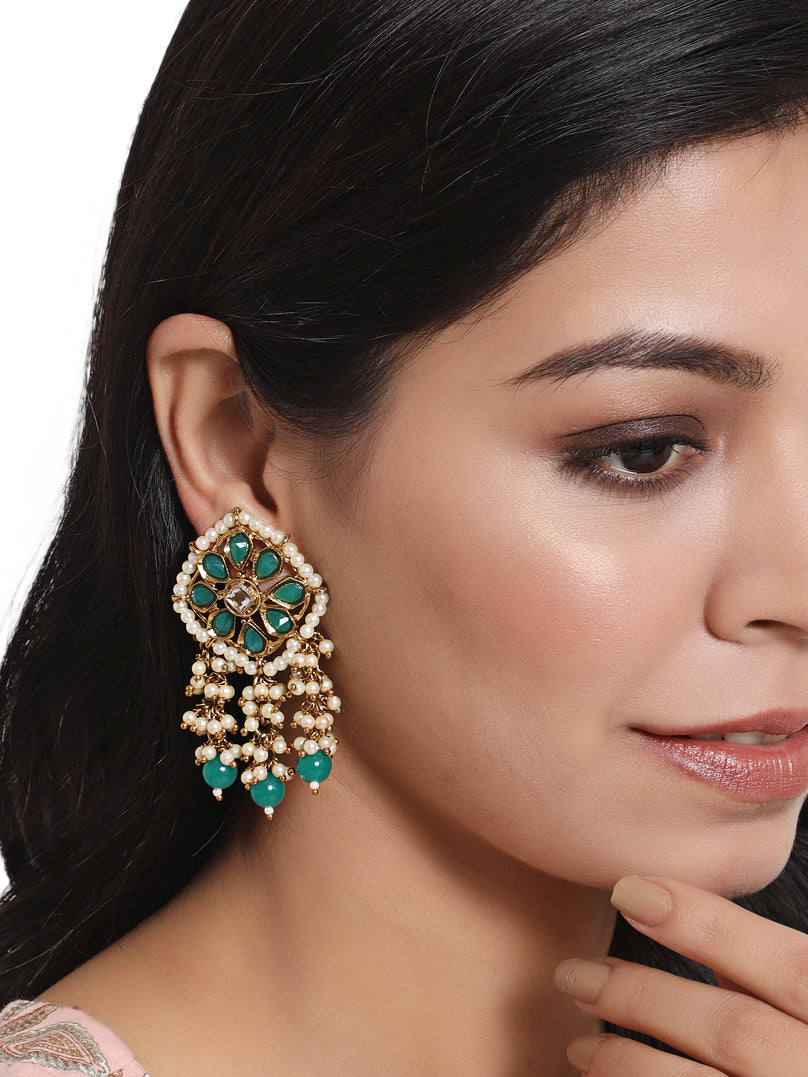 Green Kundan Stone Studded & Pearl Beaded Strand Drop Earrings - Jazzandsizzle
