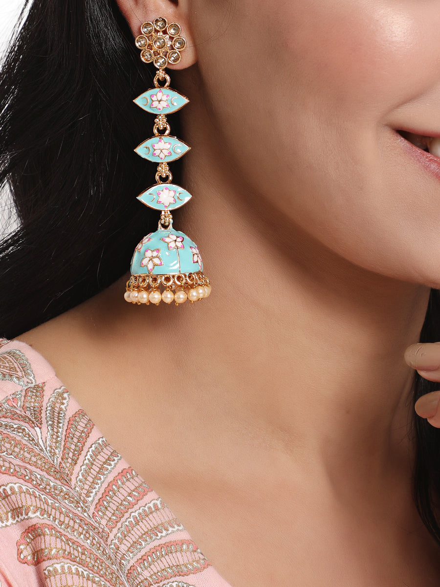 Green & Meenakari Enamel Pink Floral Long Jhumka Earrings - Jazzandsizzle