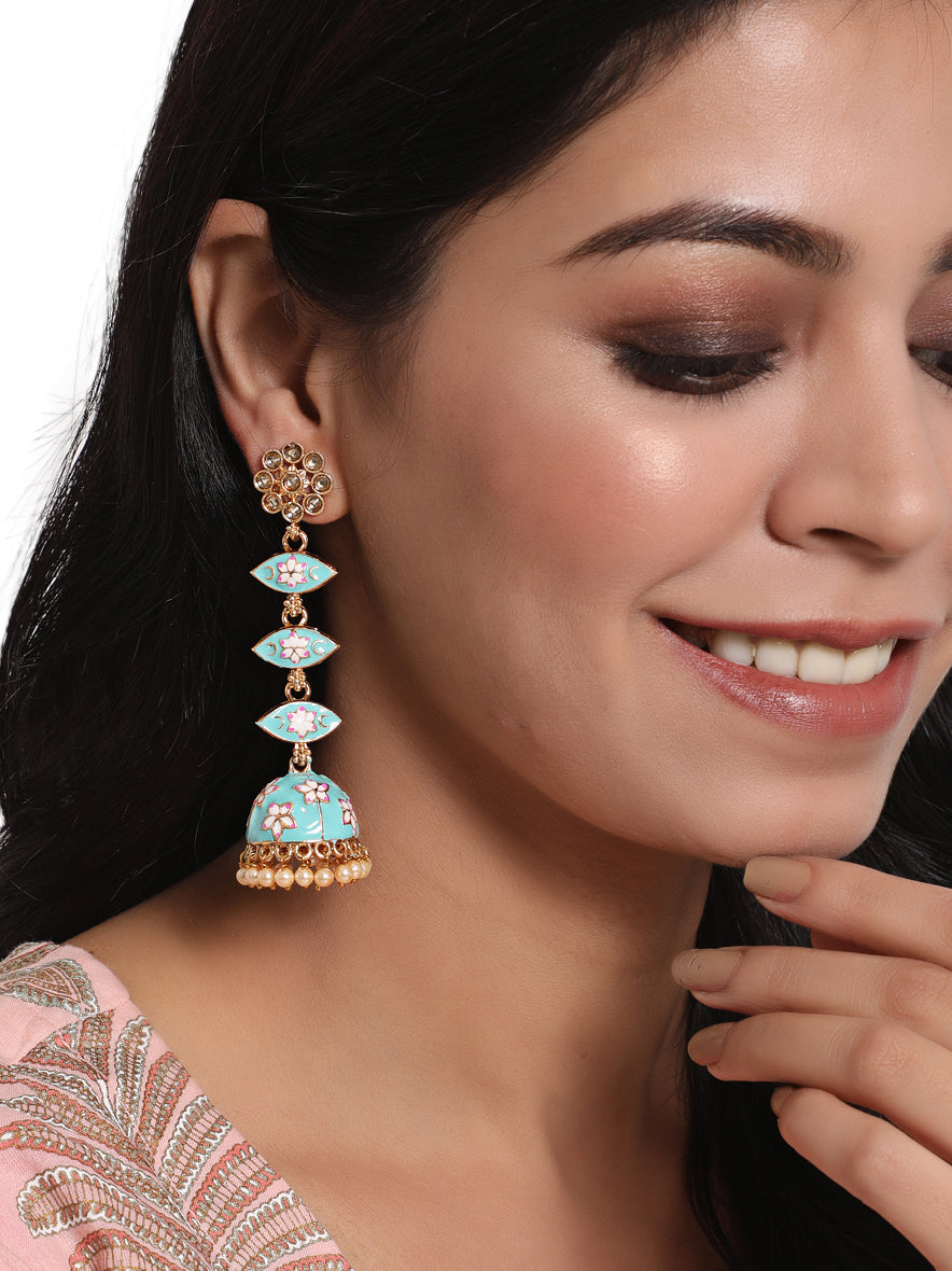 Green & Meenakari Enamel Pink Floral Long Jhumka Earrings - Jazzandsizzle