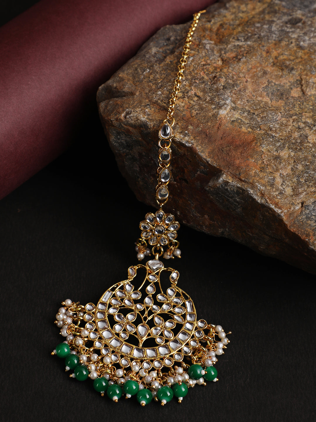Gold-Toned Green & White Kundan stone studded & Pearls Beaded Traditional Maangtikka - Jazzandsizzle
