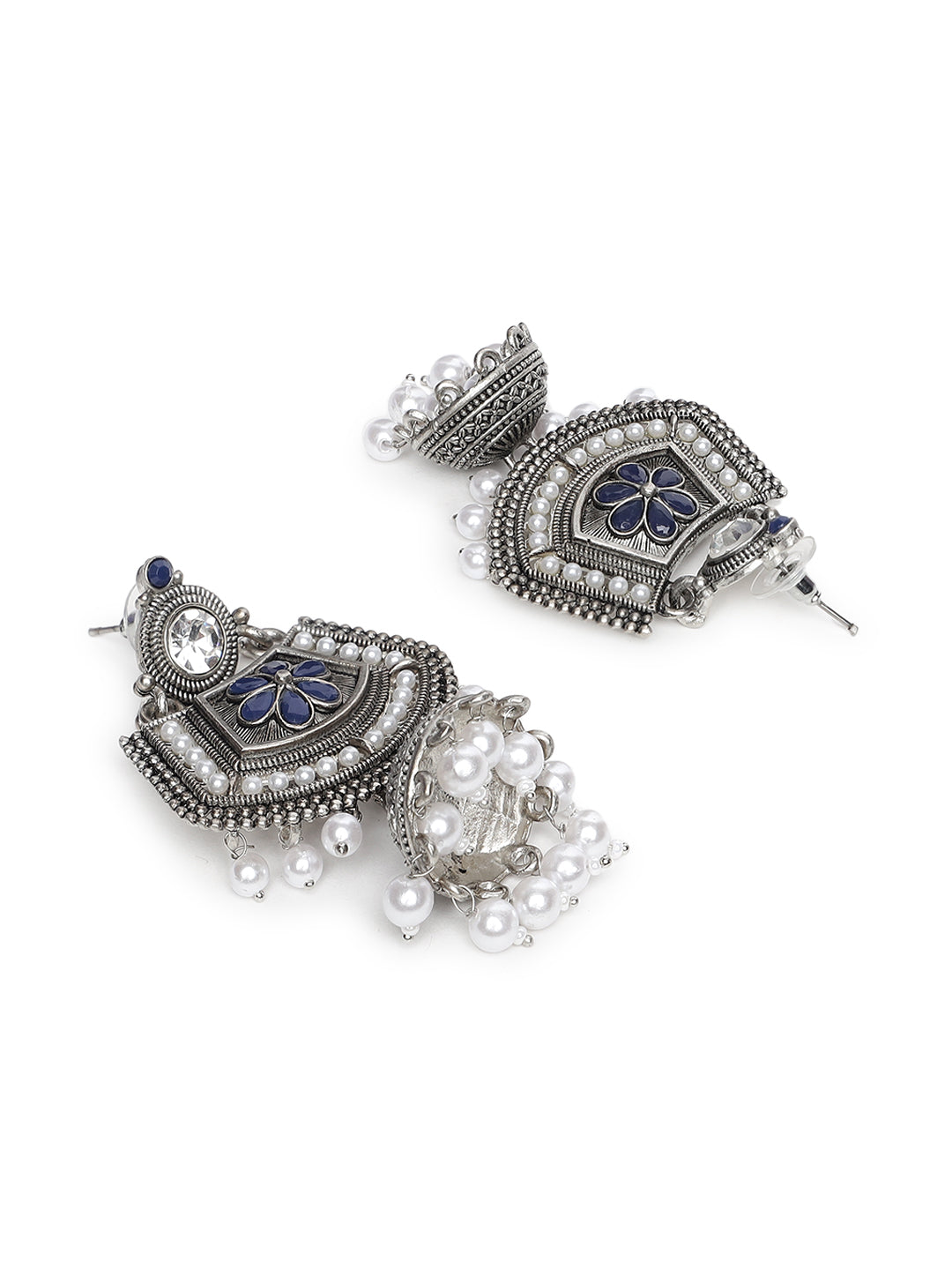 Blue Kundan & White Pearl Beaded Floral Ethnic Jhumka Drop Earrings - Jazzandsizzle