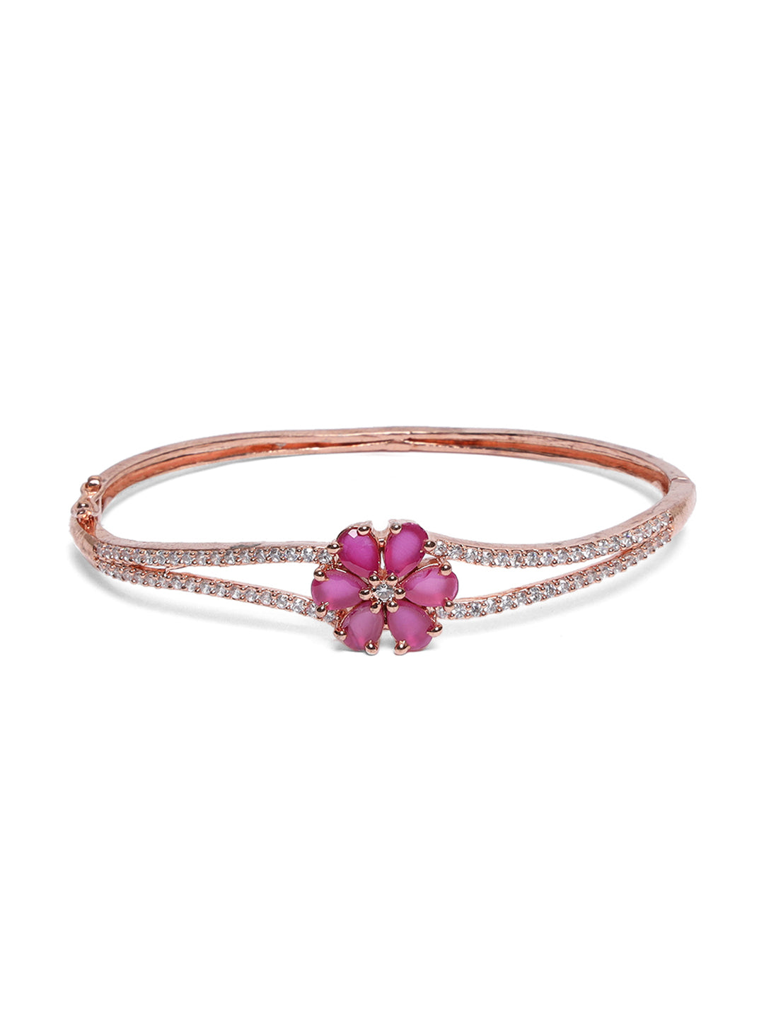 Rose Gold-Plated American Diamond and Ruby Studded Floral Patterned Bracelet - Jazzandsizzle