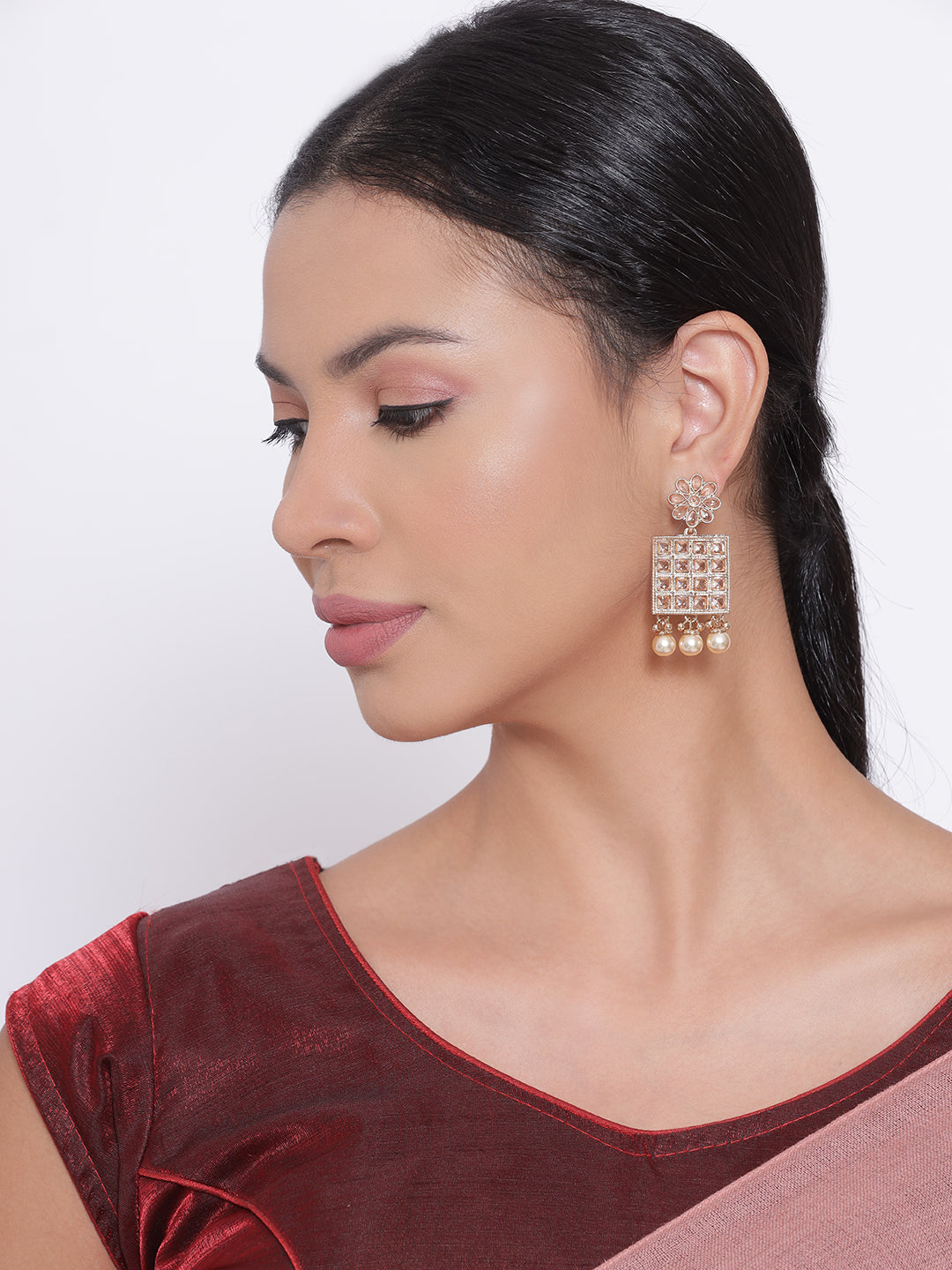 Gold-Plated Kundan Studded Floral Pattern& Square Drop Earrings - Jazzandsizzle