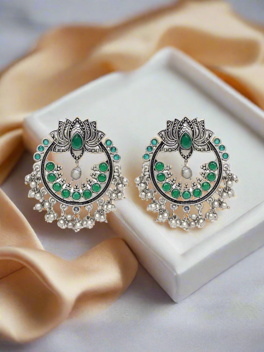 JAZZ AND SIZZLE Green & Silver-Toned Lotus Shaped Chandbalis Earrings - Jazzandsizzle
