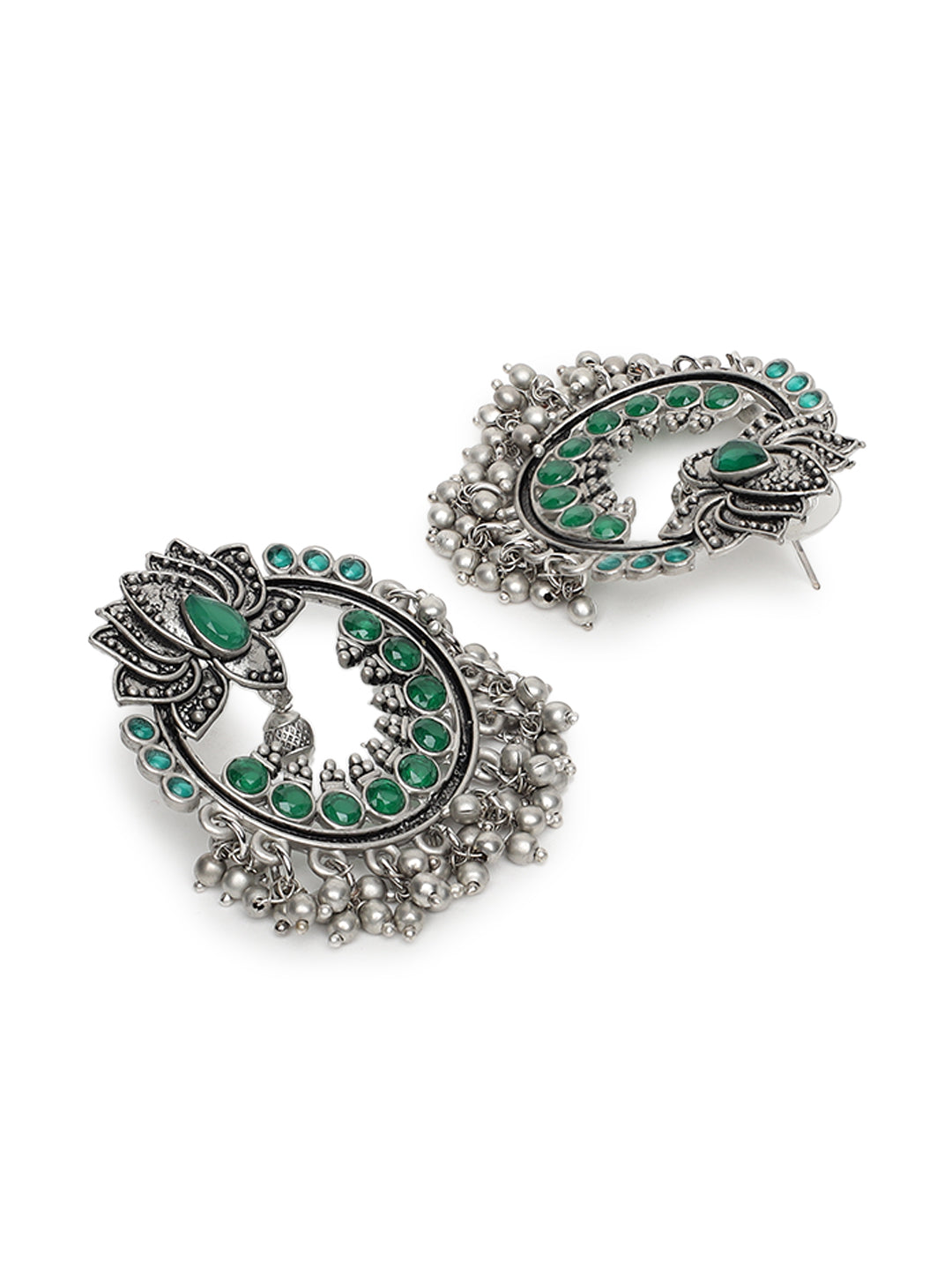 JAZZ AND SIZZLE Green & Silver-Toned Lotus Shaped Chandbalis Earrings - Jazzandsizzle