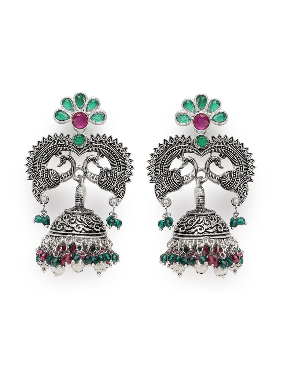 Pink & Green Stone Studded & Silver-Plated Peacock Shaped Beaded Jhumkas - Jazzandsizzle