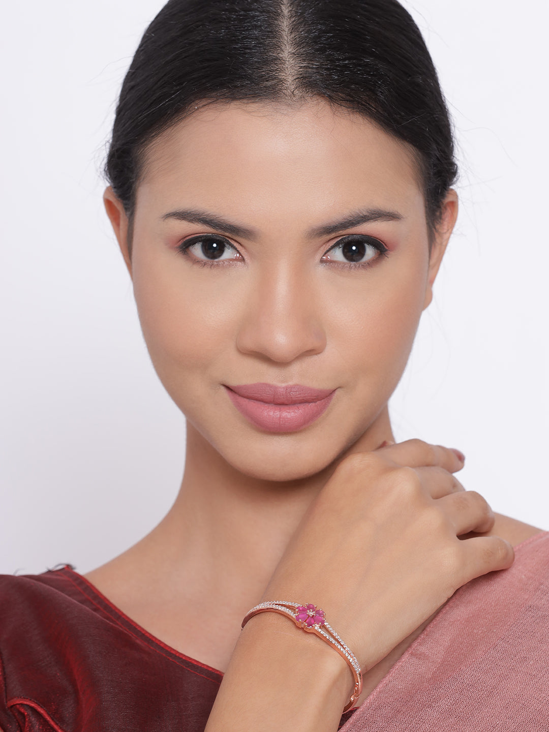 Rose Gold-Plated American Diamond and Ruby Studded Floral Patterned Bracelet - Jazzandsizzle