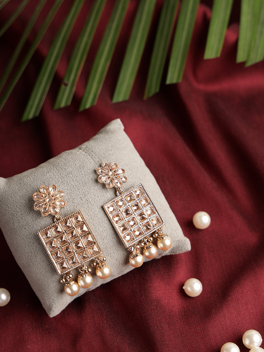 Gold-Plated Kundan Studded Floral Pattern& Square Drop Earrings - Jazzandsizzle