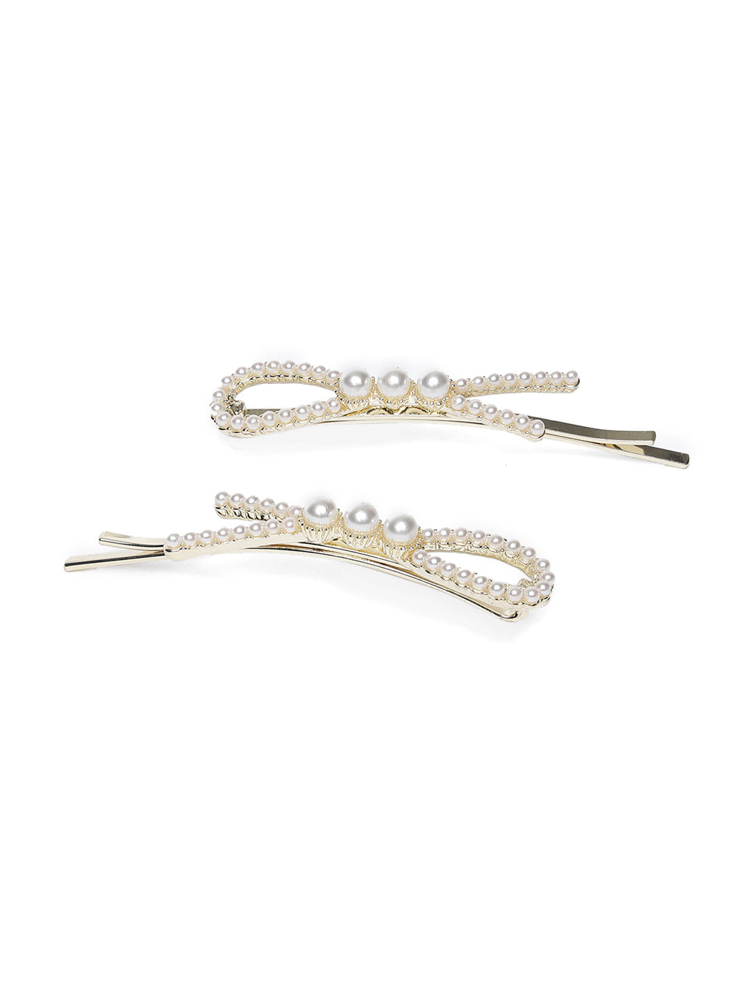 Set Of 2 Gold-Plated Off-White Gold Beaded Handcrafted Hair Clips - Jazzandsizzle